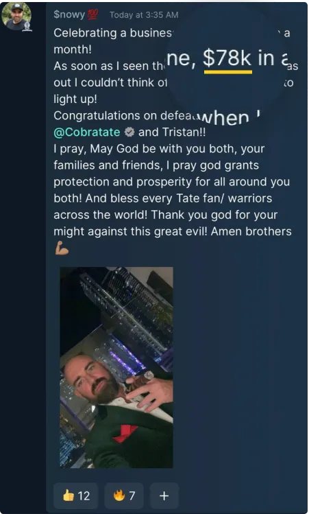 A Hustlers University member sharing a business win