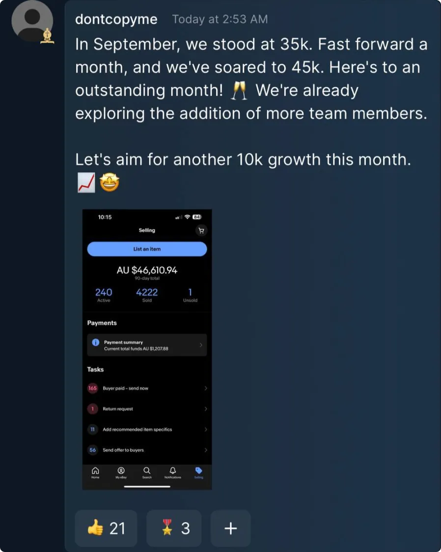 A Hustlers University student sharing their e-commerce sales in the community
