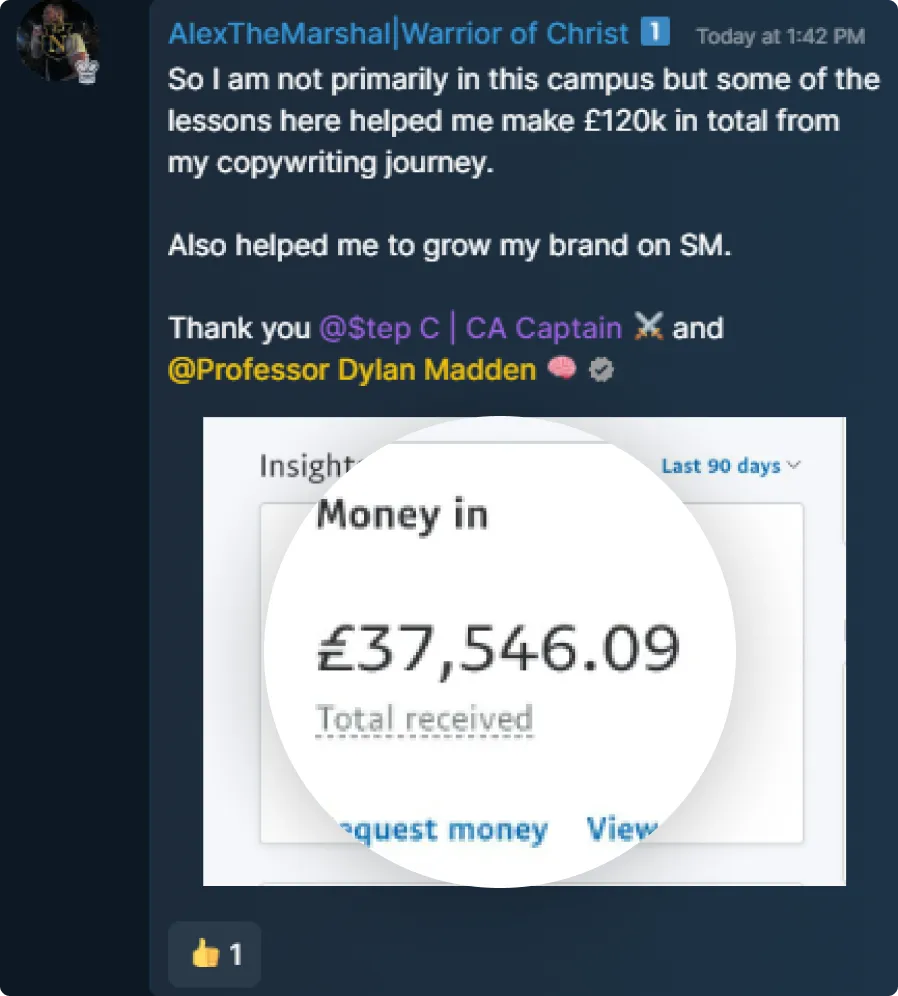A Hustlers University student sharing a payout screenshot
